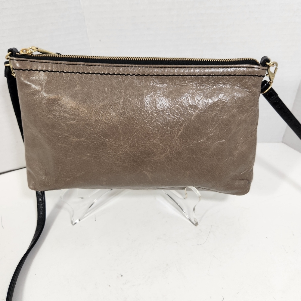 HOBO Taupe Leather Crossbody with Black Strap and Gold Hardware